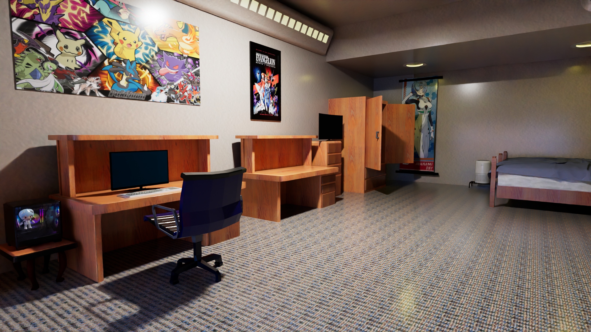 3D model of the room viewed from the desk