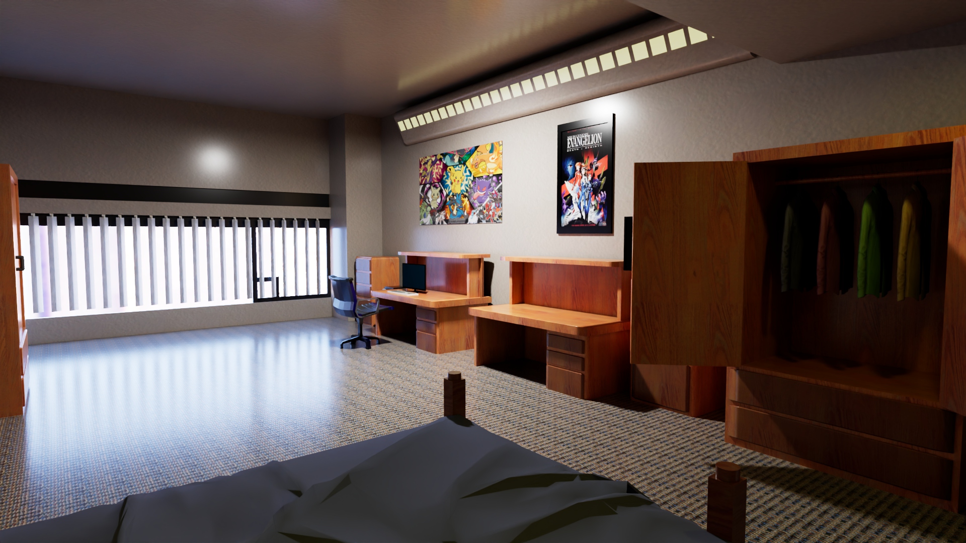 3D model of the room viewed across the bed